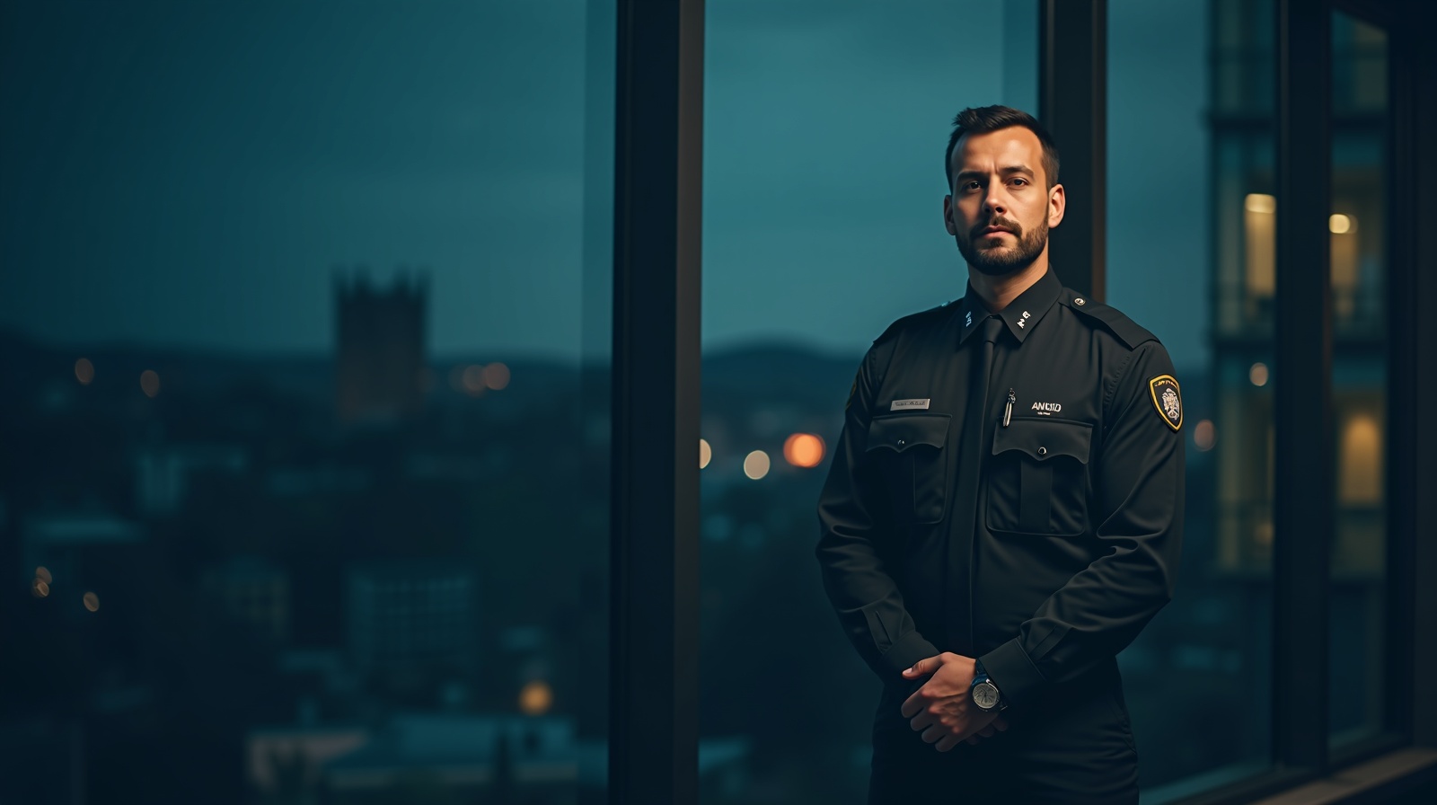 SIA licensed security guard at a modern commercial building entrance in Cardiff