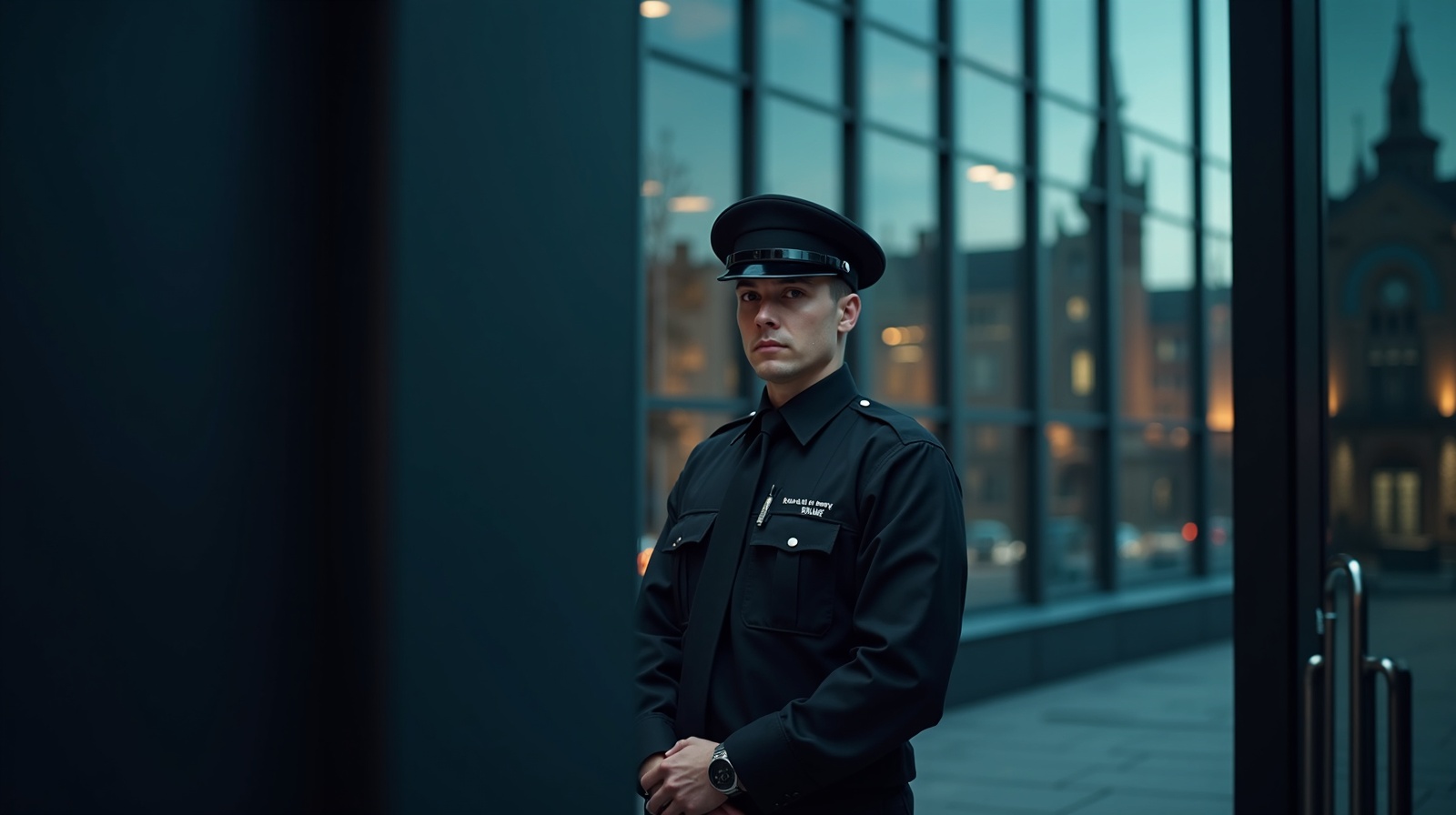 SIA licensed security guard at a modern commercial building entrance in Glasgow