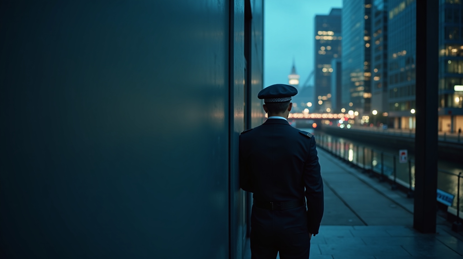 SIA licensed security guard at a modern commercial building entrance in Bristol