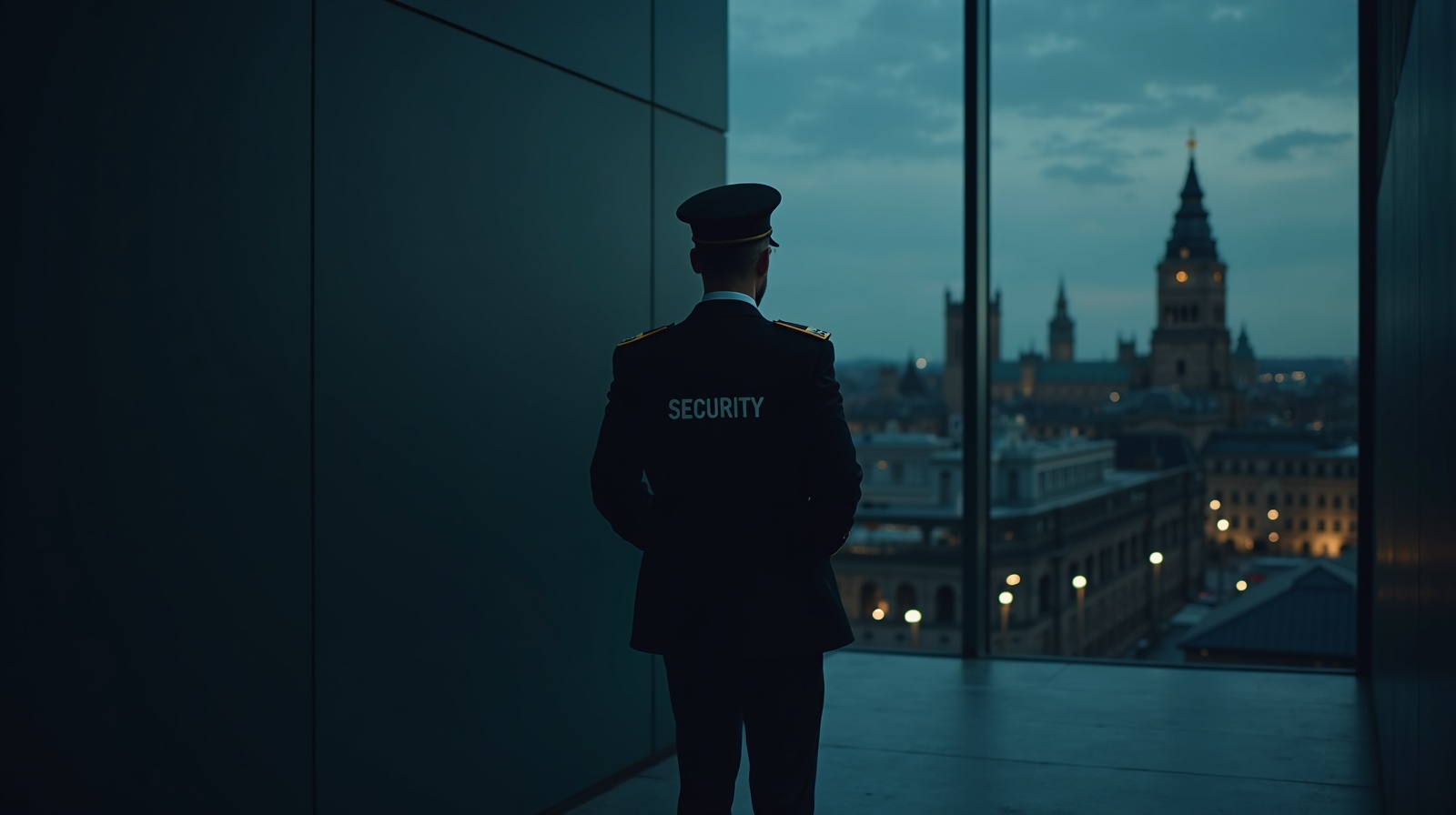 SIA licensed security guard at a modern commercial building entrance in Edinburgh