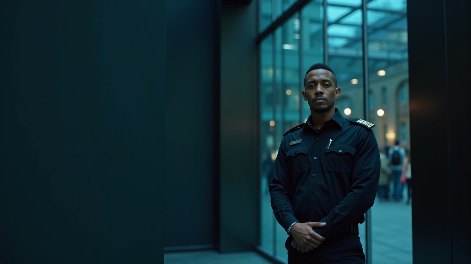SIA licensed security guard at a modern commercial building entrance in London